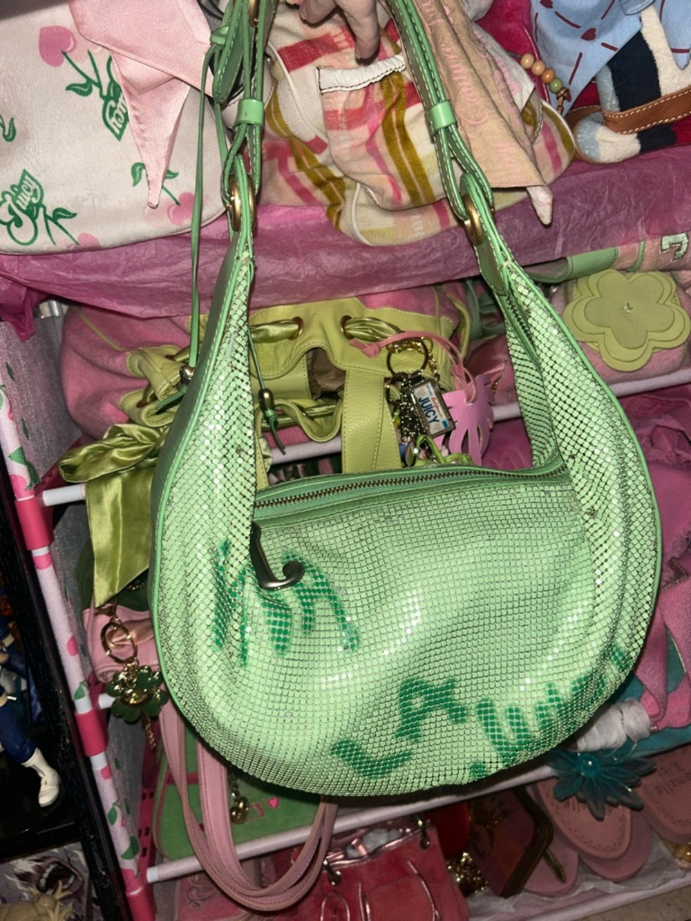 RARE P&G Juicy Couture Viva La Juicy Green Chainmail Hobo Shoulder Bag Flawed